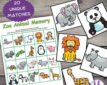 Geheugenspel dierentuindieren: afdrukbaar bijpassend kaartspel voor kinderen (pdf-download)