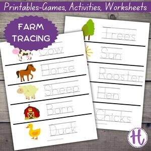 Folhas de trabalho de rastreamento de palavras de fazenda para pré-escola, atividade de caligrafia de jardim de infância, rastreamento de letras de pré-escola, reconhecimento de palavras de animais de fazenda