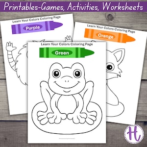 May include: Three printable coloring pages featuring a purple crayon with the word "Purple", an orange crayon with the word "Orange", and a green crayon with the word "Green". Each page has a different animal to color: a monster, a cat, and a frog.