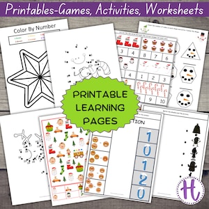 Christmas Math Activity Worksheets for Kindergarten,  kids printable activity with counting, number matching, color by number and more