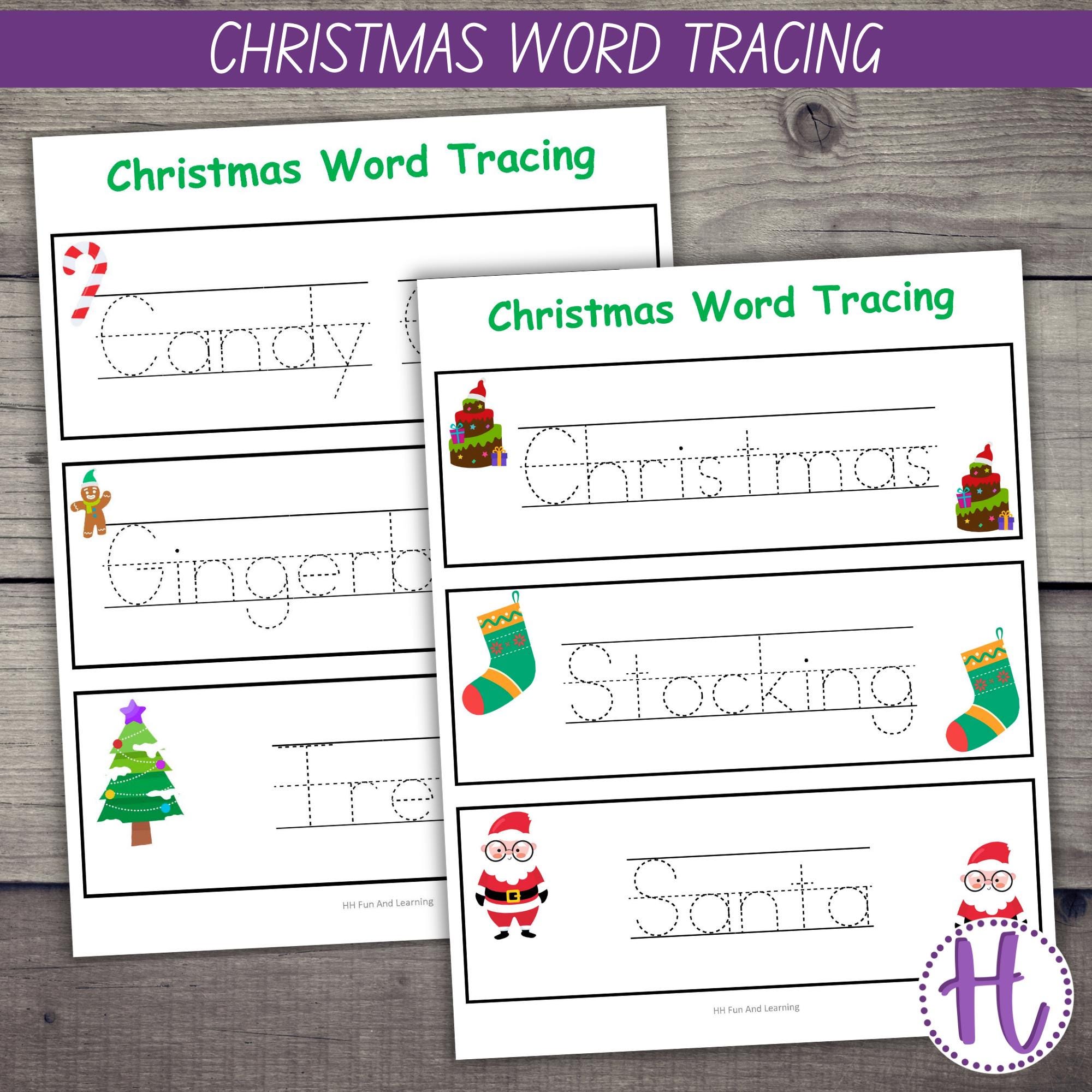 Christmas Word Tracing Worksheets, Preschool Writing Strips (printable ...