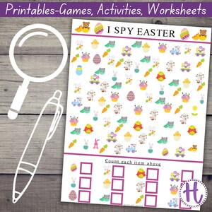 Easter I Spy with graphing, Easter Activity For Kids, Easter printable games, counting worksheet, seek and find, i spy game,