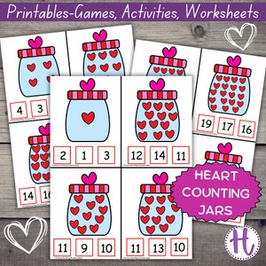 Heart Counting Clip Cards for kids, kindergarten, preschool, numbers 1-20, Valentine's Day math, kids math activity