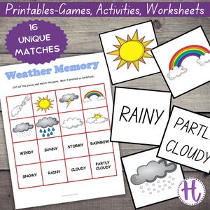 Jeu de mémoire météo pour enfants, jeu d'apprentissage sur la météo pour la maternelle, cartes assorties, jeu de mémoire imprimable