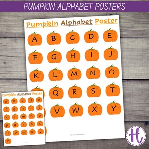 Op de afbeelding: Printbare pompoen-alfabetische poster met de letters A tot en met Z weergegeven op individuele pompoenen. De poster is ontworpen voor kinderen die hun letters leren en is perfect voor een klaslokaal of thuisonderwijs.