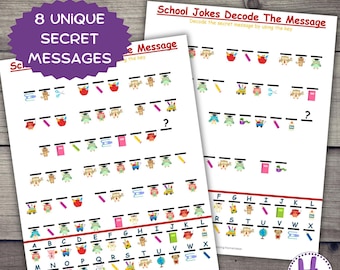 May include: Two printable worksheets with a school theme. Each worksheet has a secret message to decode using a key. The key is a set of pictures that correspond to letters of the alphabet. The first worksheet has the message "School Jokes" and the second worksheet has the message "Decode the secret message by using the key."