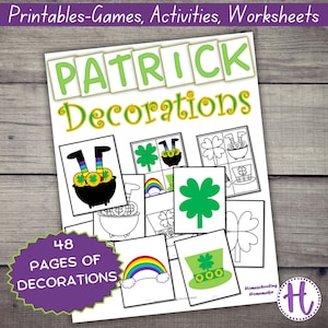 Printable St Patrick&#39;s Day Decorations, bulletin board decor, kids holiday decorations, color your own decorations