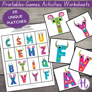 Gioco di abbinamento dell'alfabeto Monster ABC per bambini, scuola materna, scuola materna, elementare e istruzione parentale, carte abbinate, gioco di memoria stampabile