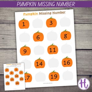 May include: A printable worksheet titled "Pumpkin Missing Number" features orange pumpkins with numbers 1, 3, 6, 8, 9, 11, 14, 16, and 19. A smaller sheet shows cut-out numbers 2, 4, 5, 7, 10, 12, 13, 15, 18, and 20.