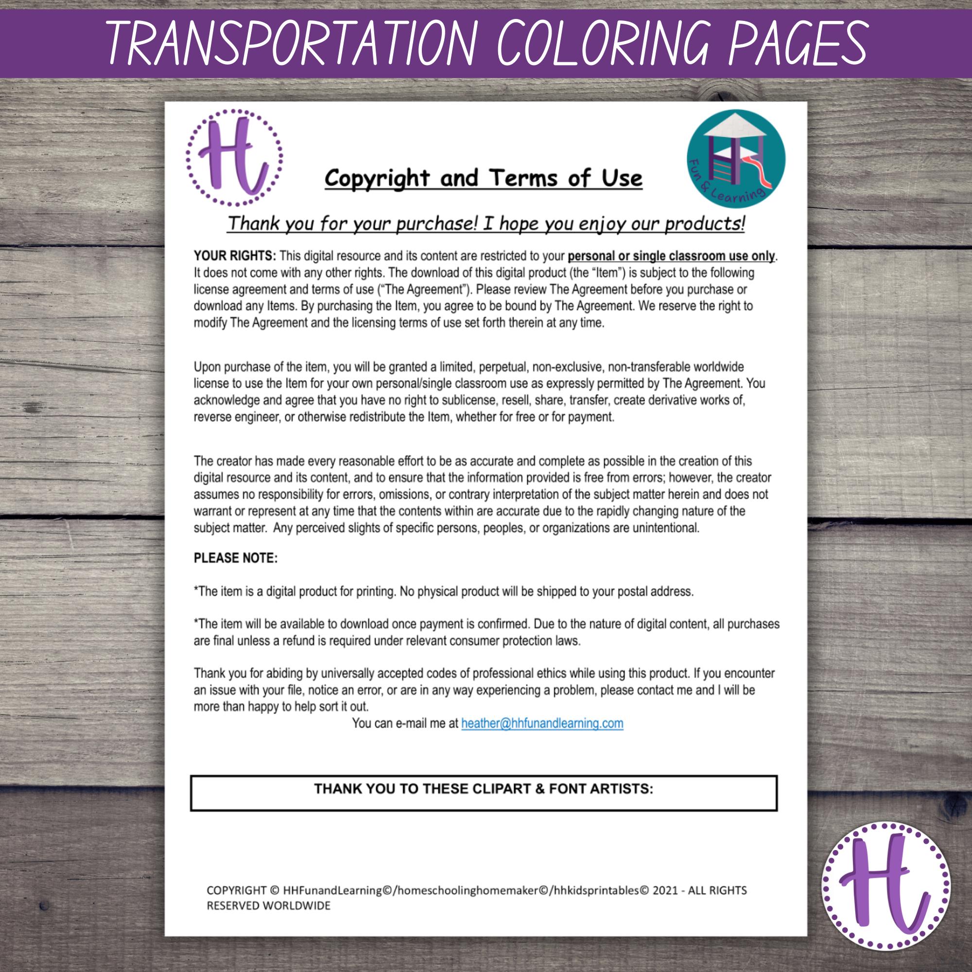 Transportation Coloring Pages and Vehicle Word Tracing Activity (PDF ...