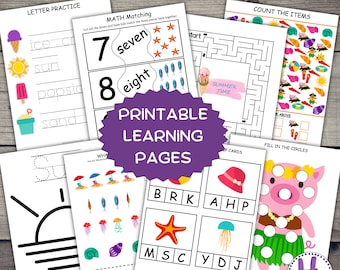 May include: A set of printable learning pages for kids featuring summer themes. The pages include activities like letter practice, math matching, counting, and a maze. The pages are designed with colorful illustrations and fun activities to help children learn.