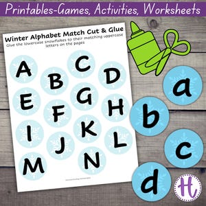 Winter Alphabet Letter Match, Preschool Worksheet, Capital to Lowercase Letter Math, Pre-Reading Activity For Kids
