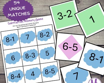 May include: A printable subtraction memory game with 54 unique matches. The game features blue cloud-shaped cards with subtraction problems and matching answer cards in various colors and shapes. The text "Subtraction Memory Game" is printed on the game board.