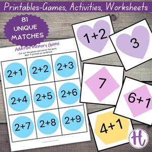 Addition Matching Game, Math Fact Memory Game for Kids, Learning Game ...
