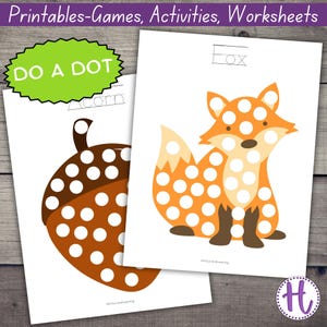 May include: Two printable worksheets for children to practise dot-to-dot activities. The first worksheet features an acorn with the word "acorn" written above it. The second worksheet features a fox with the word "fox" written above it.