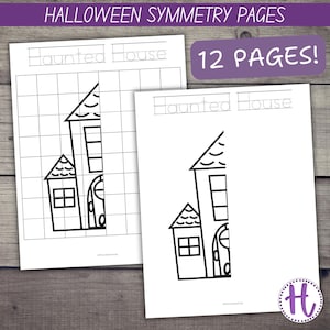 May include: Black and white printable Halloween symmetry activity pages featuring a haunted house. The text "Haunted House" is written at the top of the page. The text "12 Pages!" is written in a purple box at the top of the page.