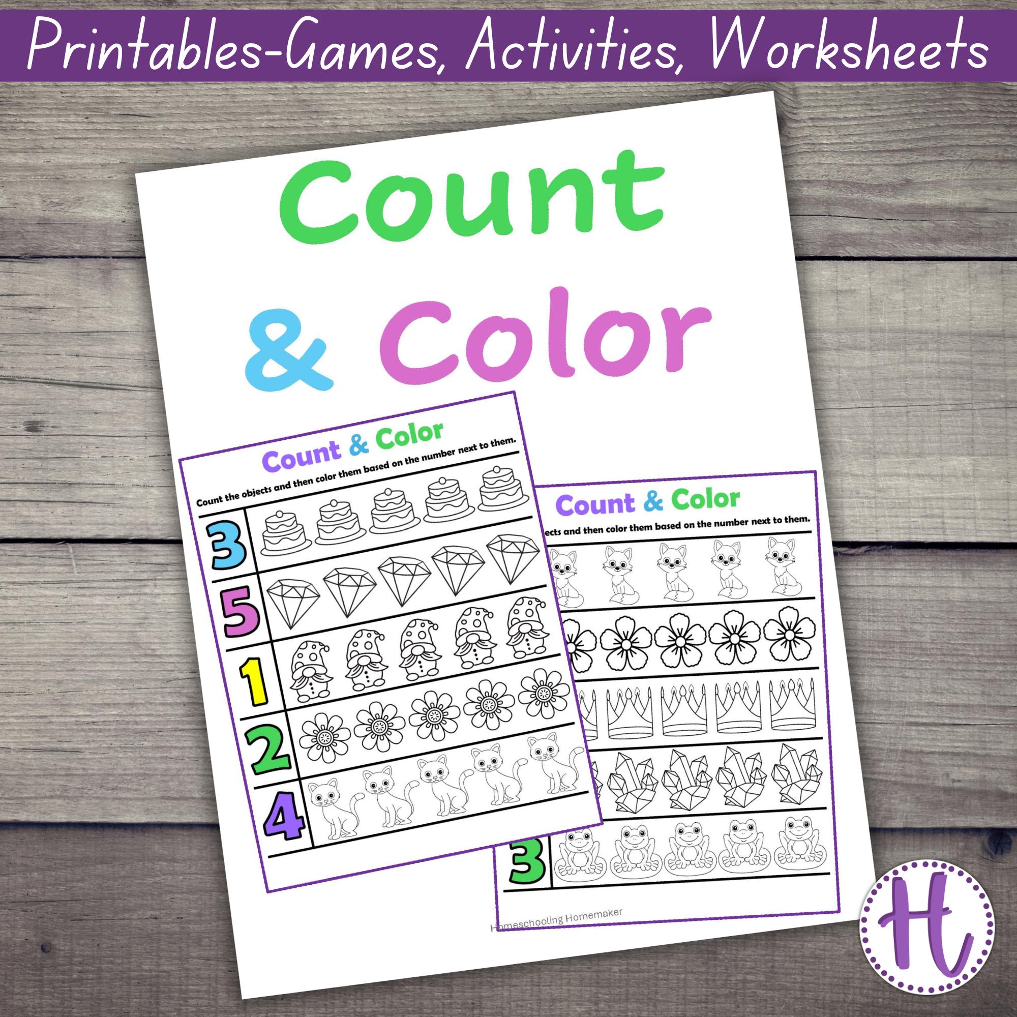 Count and Color Activity Worksheets: Preschool Toddler Printable (PDF