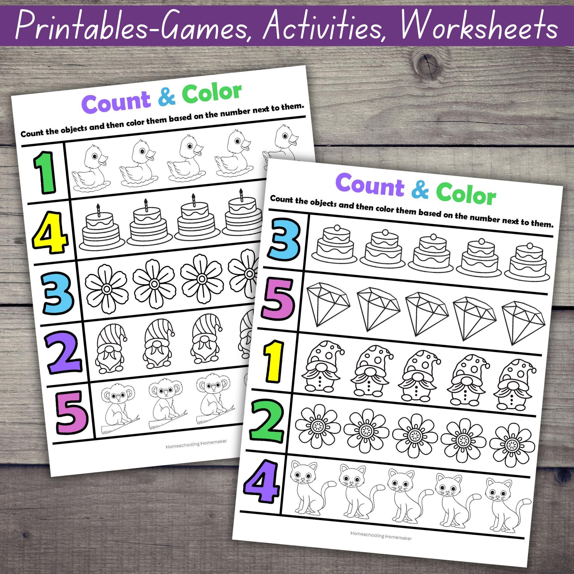 Count and Color Activity Worksheets: Preschool Toddler Printable (PDF ...
