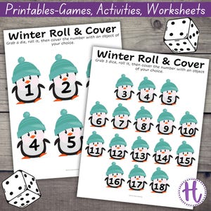Winter Penguin Roll and Cover Math Game Preschool, dice game for kids, math game for kids, number sense game