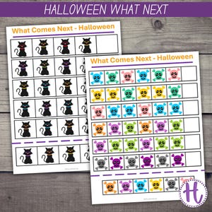 May include: Two printable Halloween-themed worksheets for kids. The first worksheet features a black cat pattern and the second worksheet features a skull and crossbones pattern. Both worksheets have the text "What Comes Next - Halloween" at the top.