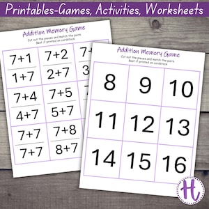Puede incluir: Un juego de memoria de adición imprimible para niños. El juego incluye dos hojas, una con problemas de adición y la otra con las respuestas. Las respuestas son los números del 8 al 16.