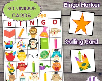 Juego de bingo escolar para niños: Actividad imprimible para el aula (PDF)