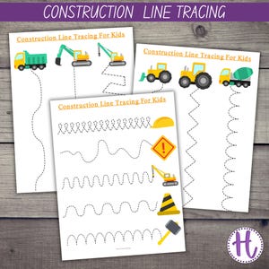 Op de afbeelding: Drie witte vellen papier met bouw-thema lijn-traceeractiviteiten voor kinderen. De vellen bevatten illustraties van bouwmachines en stippellijnen om te traceren. De tekst "Construction Line Tracing For Kids" is zichtbaar. De achtergrond is hout.