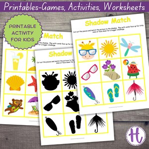 Summer Shadow Matching Cards, printable worksheets for preschool, toddler matching game,  learning worksheets