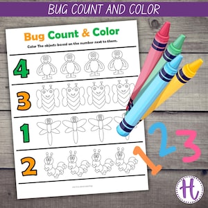 Bug Count & Color Worksheet, Preschool Math Activity, Counting Printable, Early Learning Pages, Math Worksheets