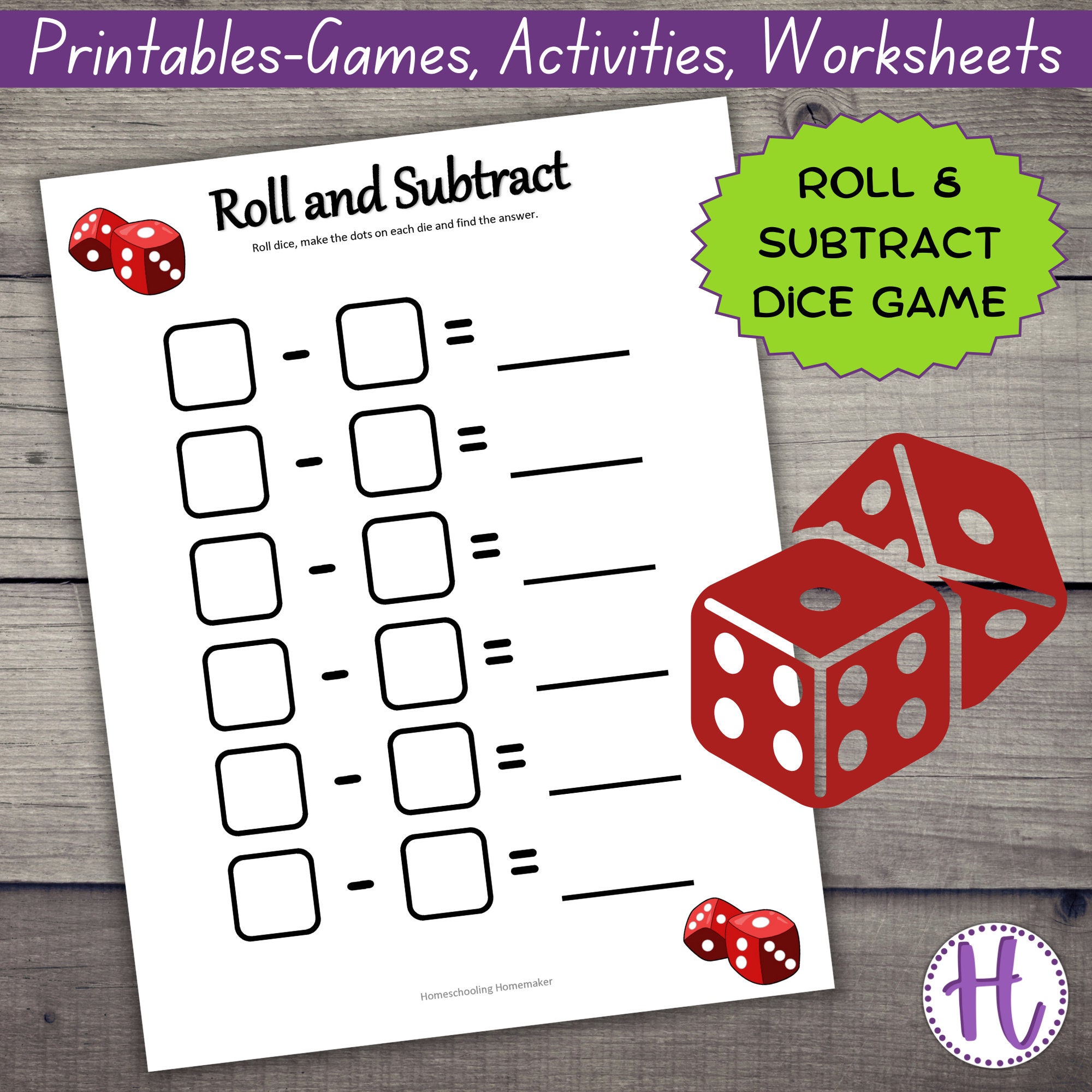 Roll and Subtract Math Practice Worksheet for Kids, Kindergarten, Elementary, Dice, Fun Math Game - Etsy roll-and-subtract-math-practice-worksheet-for-kids-kindergarten-elementary-dice-fun-math-game-etsy