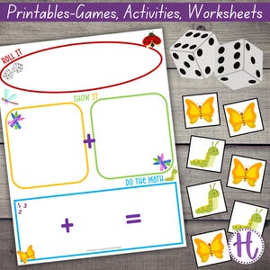Bugs Roll Show Do Math Game for Kids, Math Addition Practice Worksheets, Math Dice Game for Elementary