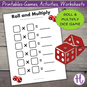 Roll And Multiply Math Practice Worksheet for kids, kindergarten, elementary, multiplication with dice, fun math game