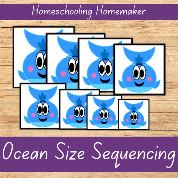 Ocean Animal Size Sequencing Cards for toddlers, preschool, kindergarten and homeschool. cards from smallest to biggest, order of the cards