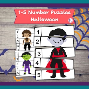 Rompecabezas numéricos de Halloween del 1 al 5: Actividad de aprendizaje preescolar, práctica de conteo (PDF)