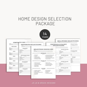 Peut inclure: Un ensemble de sélection de conception de maison avec 14 pages. L'image montre plusieurs pages blanches avec du texte noir, y compris des listes d'informations de contact, de sélections extérieures et de couleurs de peinture. Le texte "Home Design Selection Package" est en haut.