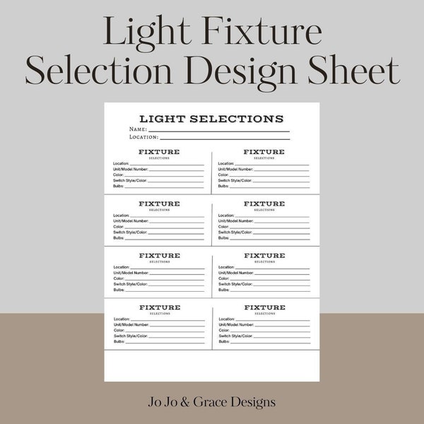 Light Fixture Selection Sheet, Building Product Sheet, Lighting Design, Electrical Materials, Home Construction, Lighting Estimating Sheet