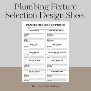 May include: A printable design sheet for selecting plumbing fixtures for a home. The sheet includes sections for kitchen, owners bath, pantry, wet bar, laundry, garage or mech, and multiple bathroom selections.