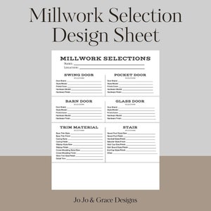 Könnte beinhalten: Ein weißes Designblatt mit dem Titel "Millwork Selection Design Sheet" mit Abschnitten für Drehtüren, Taschen-Türen, Scheunentüren, Glastüren, Zierleistenmaterial und Treppen. Das Blatt enthält Bereiche zum Ausfüllen von Details.