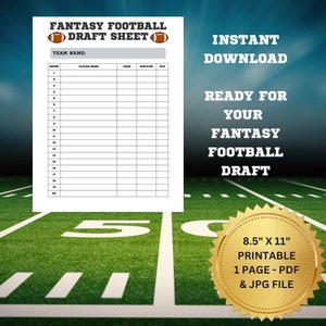Fantasy Football Draft Sheet, Football Draft Kit Paper, Fantasy Football Printable, Football Print for Draft Day Party, Instant Download