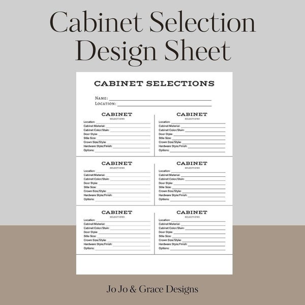 Cabinet Design Selection Sheet, Home Building Product Template, Cabinet Materials List, New Home Construction Estimating Bid, Designer Sheet