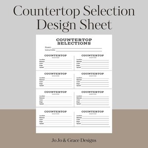 Op de afbeelding: Een printbaar ontwerpvel voor het plannen van aanrechtkeuzes. Het vel bevat ruimte om de locatie, het materiaal, de kleur, de rand en de spatwand voor zes verschillende aanrechten te noteren.