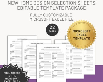 New Construction Building Design Selection Sheet Microsoft Excel Template, Customizable Design Selection Workbook, Design Selection Planner