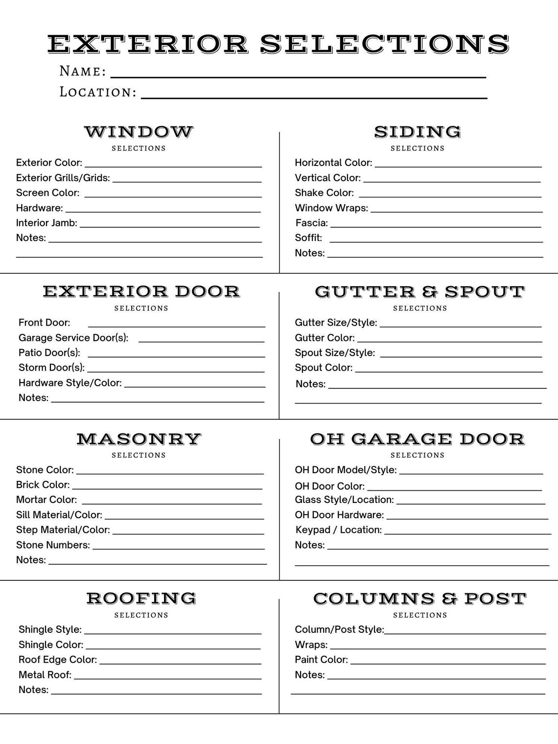 Exterior House Design Selection Sheet, Printable Builder Color Exterior House Design Selection Sheet, Printable Builder Color