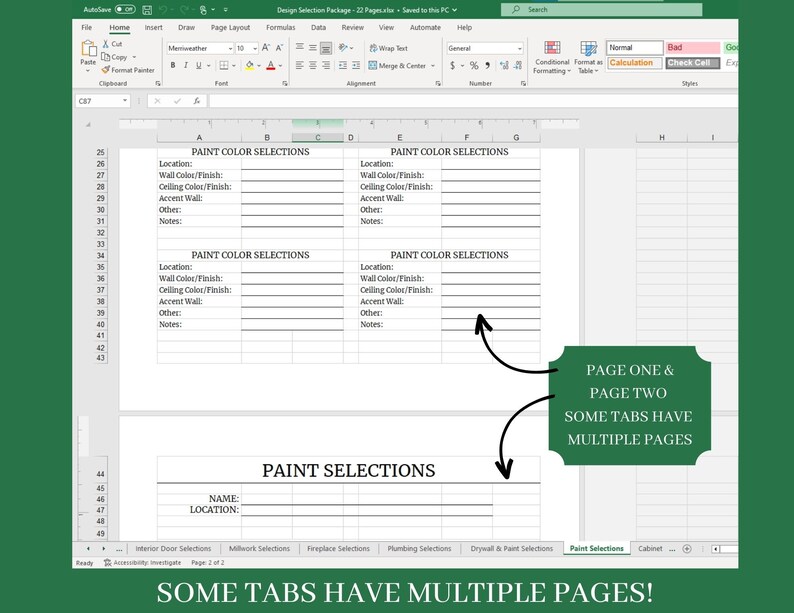 Home Design Selection Sheet: Customizable Excel Template (digital ...