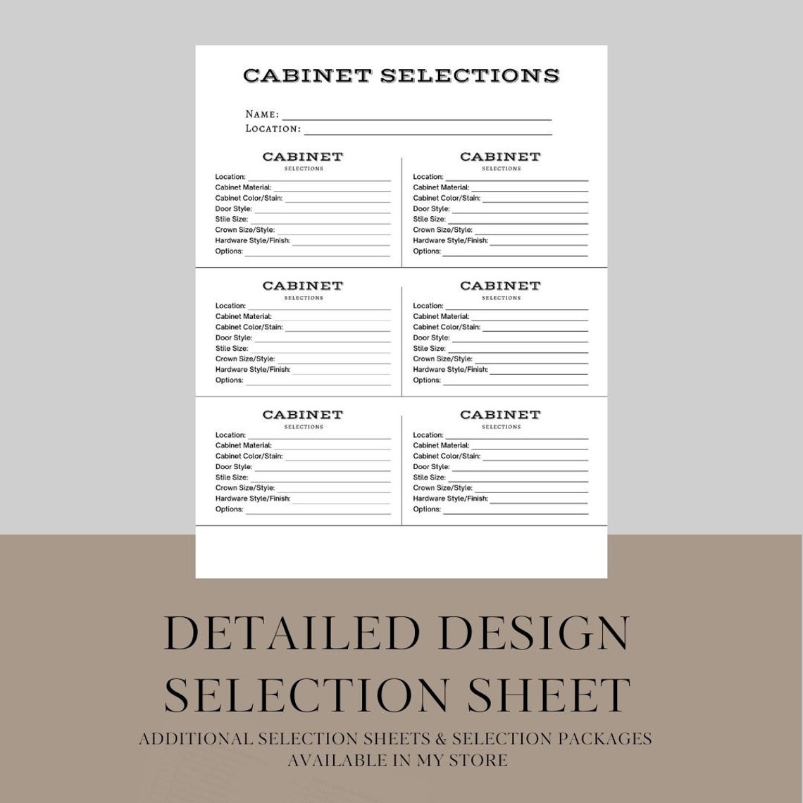 Design Selection Sheet, Home Building Product Template,