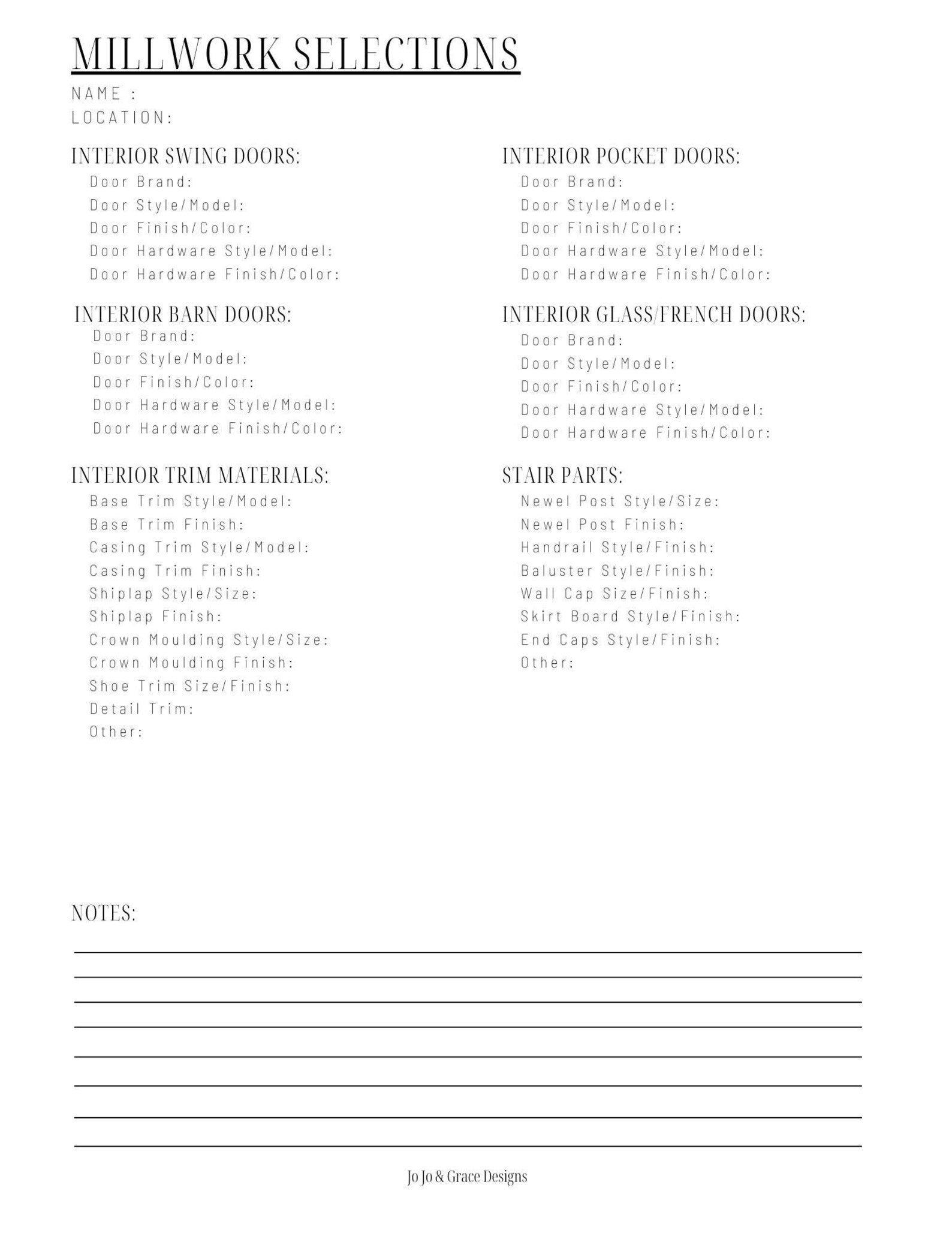 Millwork Design Selection Sheet, Printable Builder Color Selections