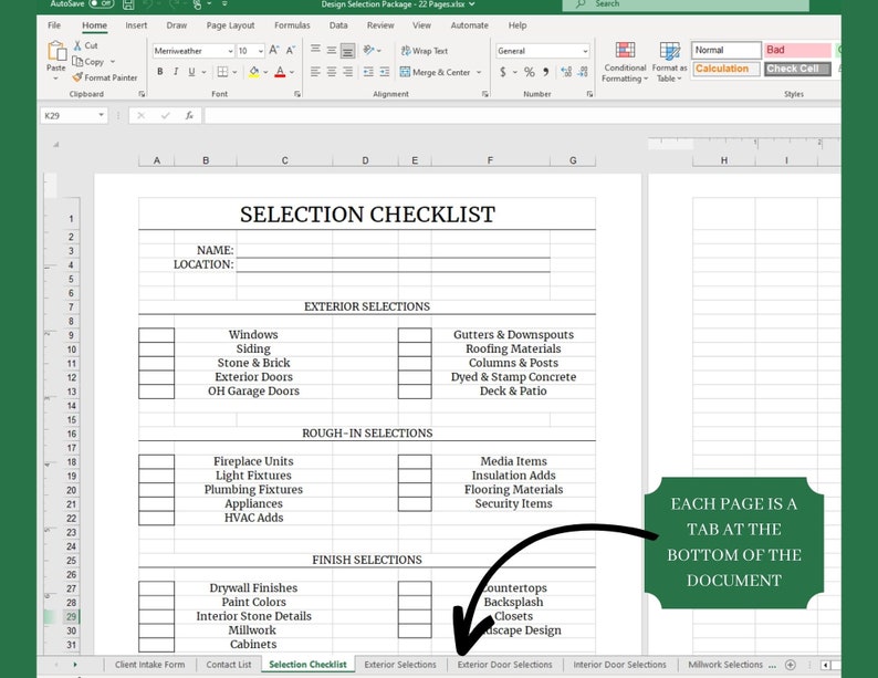 Home Design Selection Sheet: Customizable Excel Template (digital ...