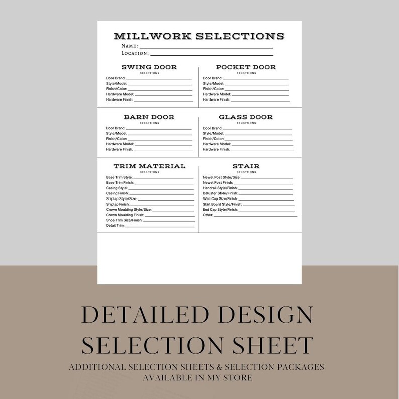 Millwork Trim Selection Sheet, Building Product Sheet, Millwork
