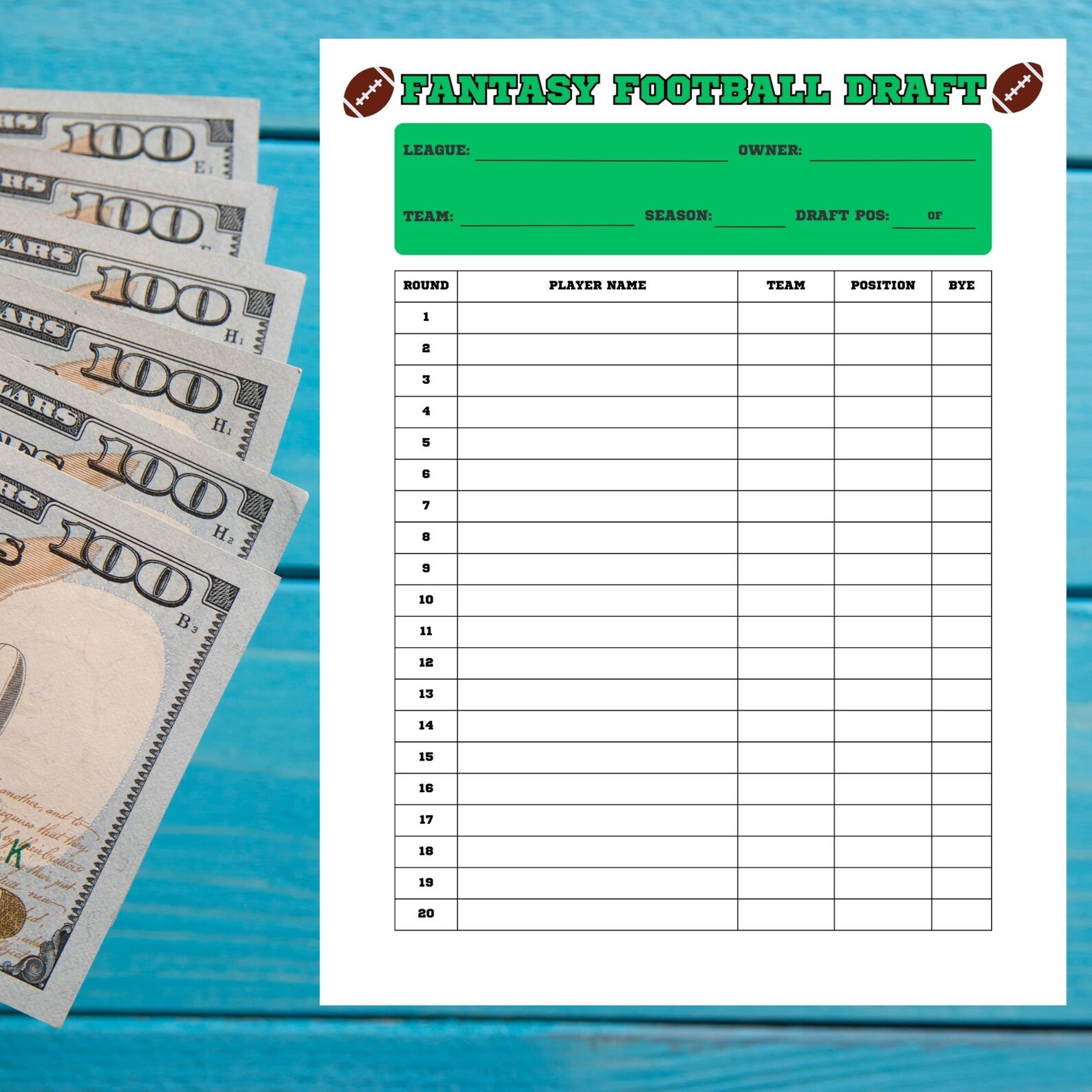 Fantasy Football Draft Sheet, Football Draft Kit Paper, Fantasy ...