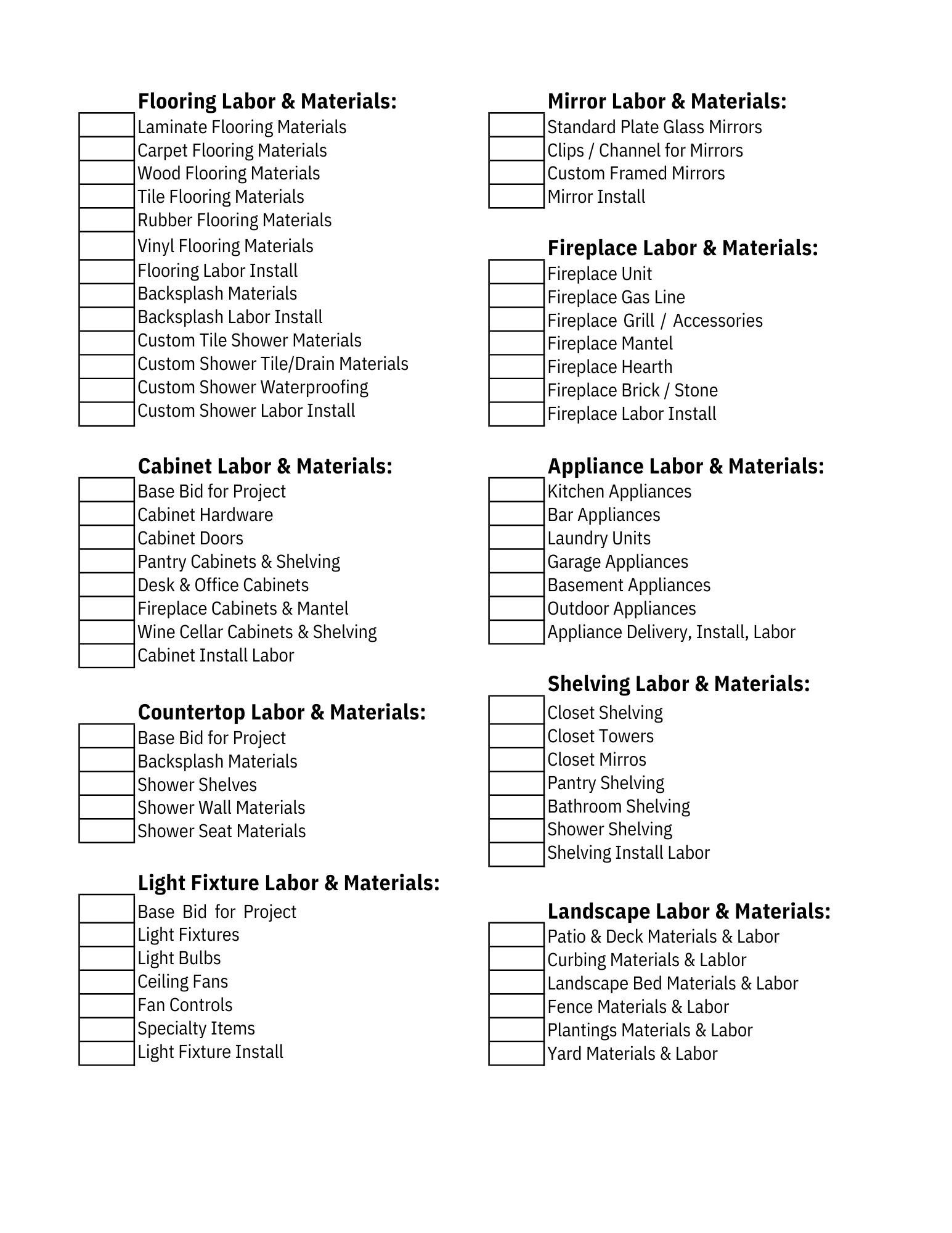 Estimating Construction Checklist for New Home, Builder Bid Sheet ...